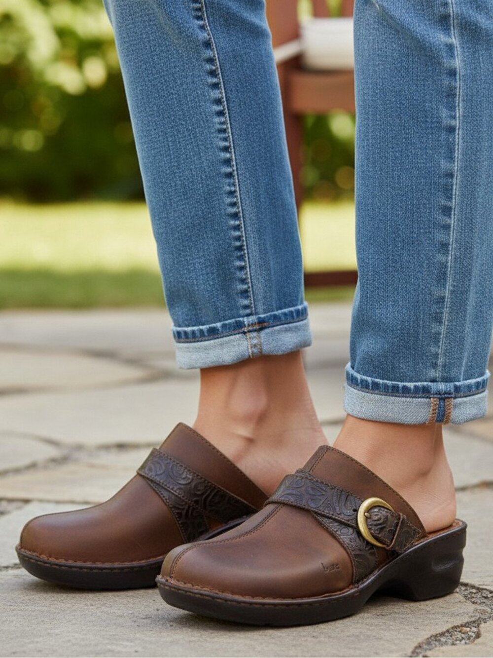 B.O.C.  Brown Distressed Tooled Leather Clog